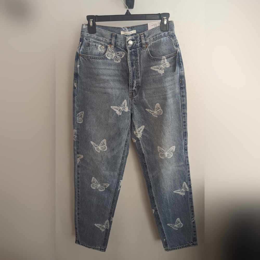 Pacsun Women's Ultra High Rise Slim Blue Wash Jeans Butterfly Design Size 27 NWT